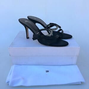 Vera Wang Rhinestone Bow Mules Strappy Heels Satin Black Box 38.5 Size 8.5